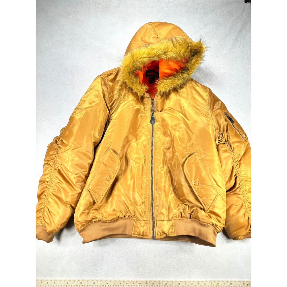 Jordan Craig Mens 3XL Gold Bomber Jacket Faux Fur Hood Orange Lining Flight Coat